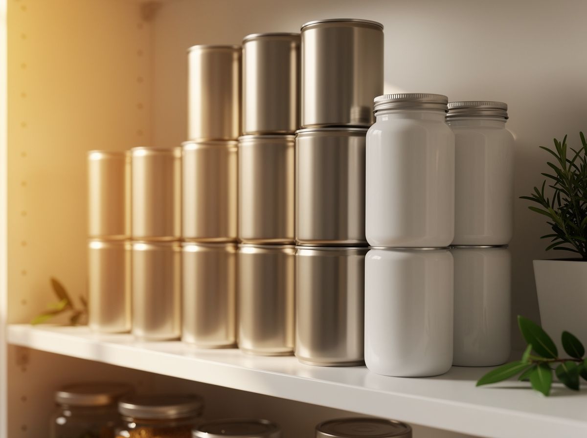 علب معدنية وعبوات مرتبة على رف