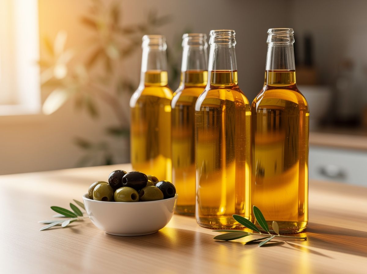 قوارير من زيت الطهي الذهبي بجانب وعاء من الزيتون